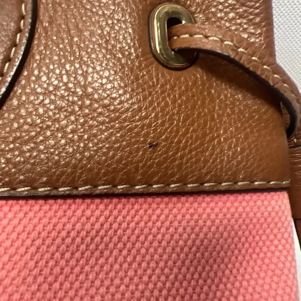 Michael Kors Marina East West Drawstring Tote in Coral Canvas & Tan Leather